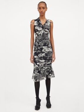 Fuzzi dress White Floral V-Neck Ruched Midi Dress